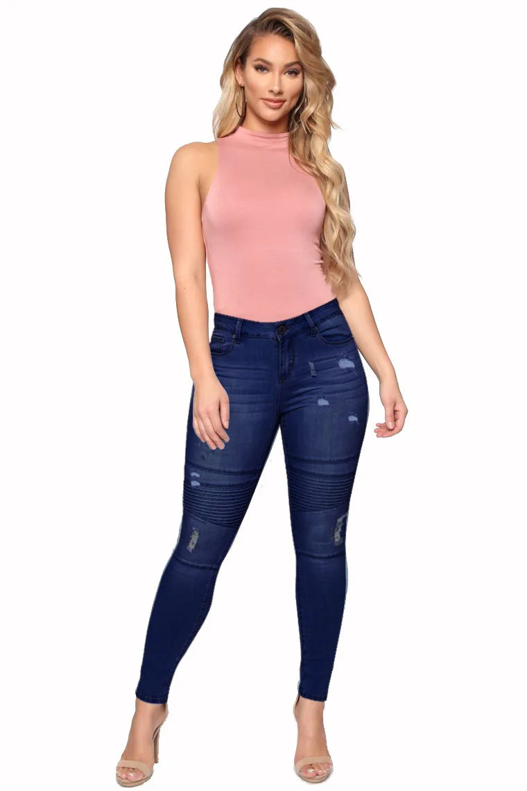 2022 Spring New Dark Blue Women's Ripped Jeans Fashion High Stretch Skinny Denim Pencil Pants Street Casual Trousers S-2XL