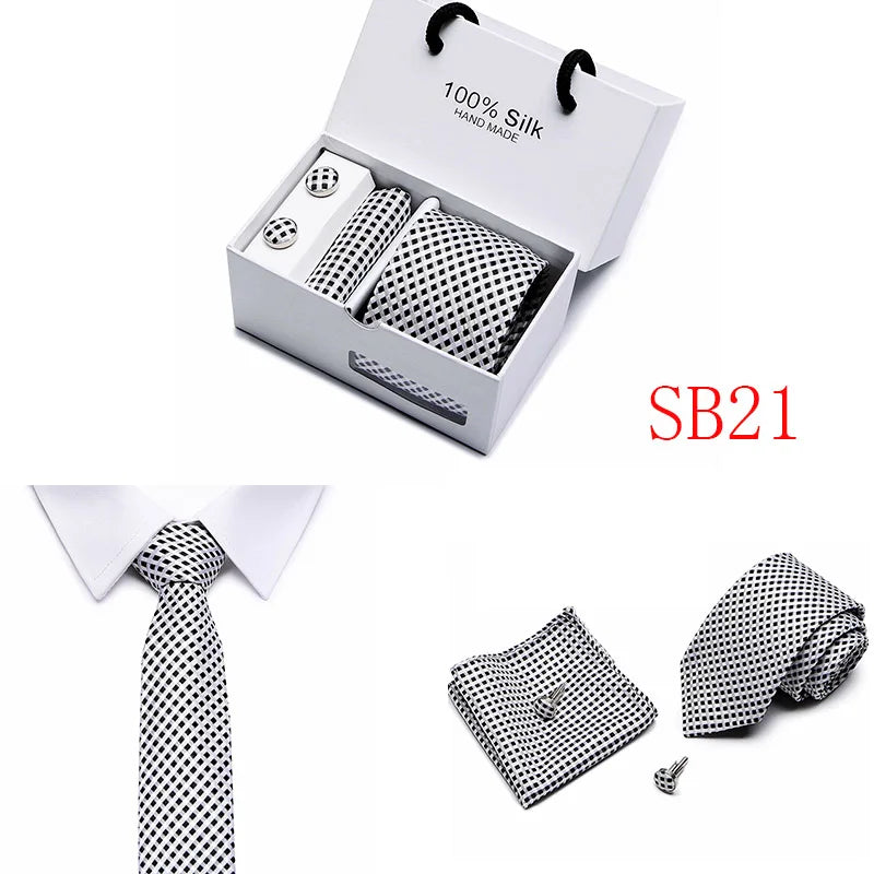 2023 100% Silk Jacquard Necktie White Geometric Tie Hanky Cufflink Set Ties For Men Gravatas Business Wedding Party Wholesale