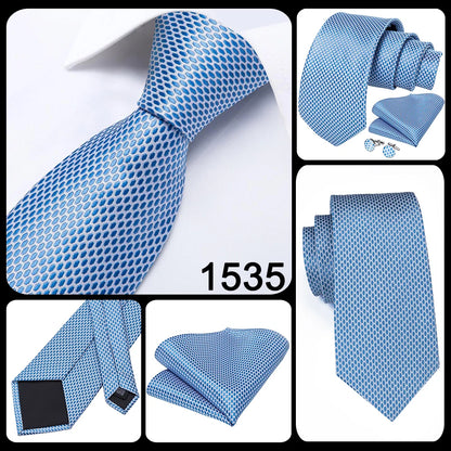 Hi-Tie Light Blue Solid Silk Wedding Nicktie For Men Hanky Cufflink Gift Men Tie Set Business Party Dropshipping Novelty Design