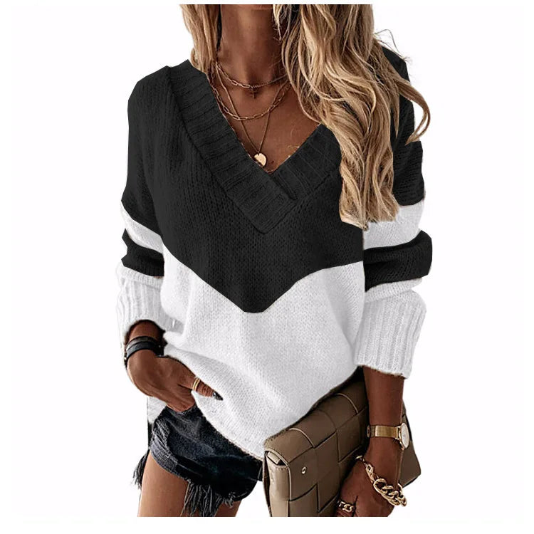 Pullovers Women Sweaters New long-sleeved 2021 Autumn Winters V Collar Loose Color Matching Sweaters Women Fashion OLN6057