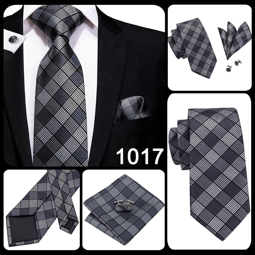 Hi-Tie Designer Silk Wedding Tie For Men Blue White Plaid Handky Cufflink Set Fashion Necktie For Men Business Party Wholesale