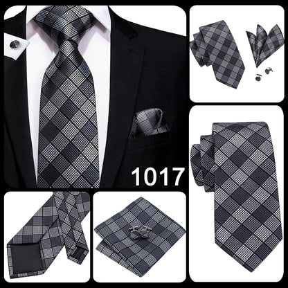 Hi-Tie Designer Silk Wedding Tie For Men Blue White Plaid Handky Cufflink Set Fashion Necktie For Men Business Party Wholesale