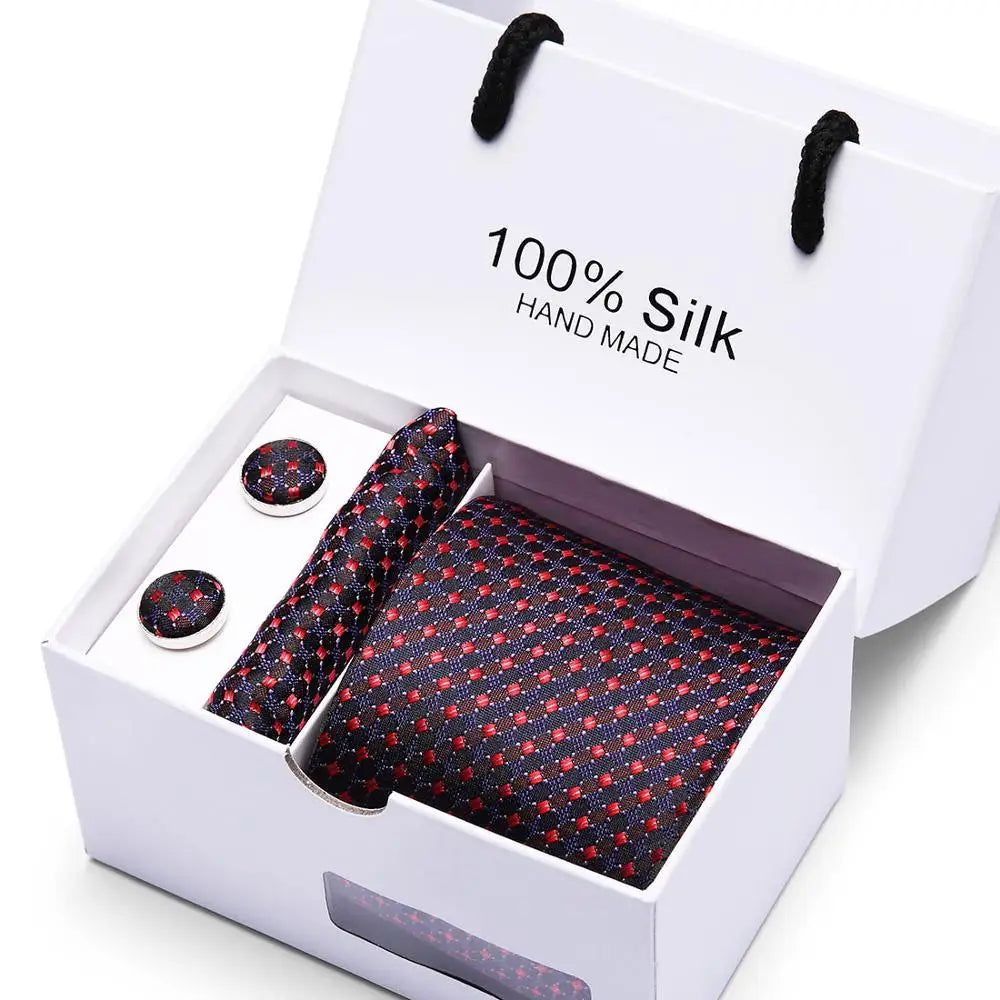 2023 100% Silk Jacquard Necktie White Geometric Tie Hanky Cufflink Set Ties For Men Gravatas Business Wedding Party Wholesale