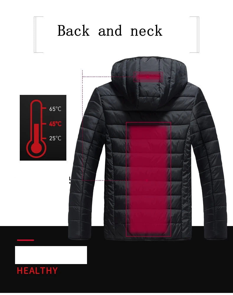 17 PCS heating Men Winter Warm USB Heating Jackets Smart Thermostat Pure Color Hooded Heated Clothing Waterproof  Warm Jackets