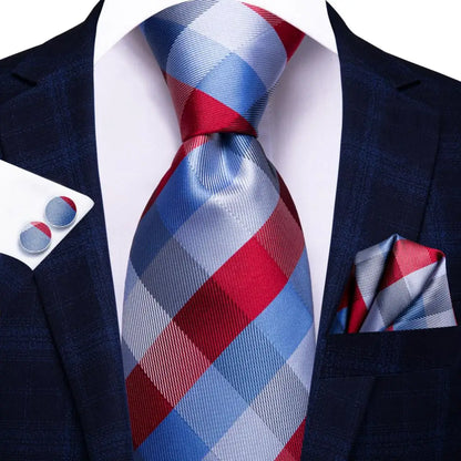 Hi-Tie Designer Silk Wedding Tie For Men Blue White Plaid Handky Cufflink Set Fashion Necktie For Men Business Party Wholesale