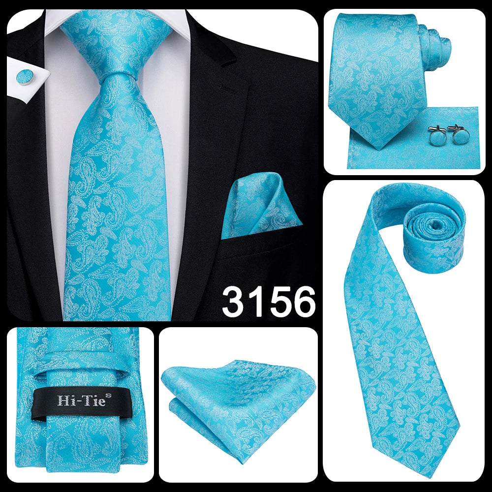 Hi-Tie Light Blue Solid Silk Wedding Nicktie For Men Hanky Cufflink Gift Men Tie Set Business Party Dropshipping Novelty Design