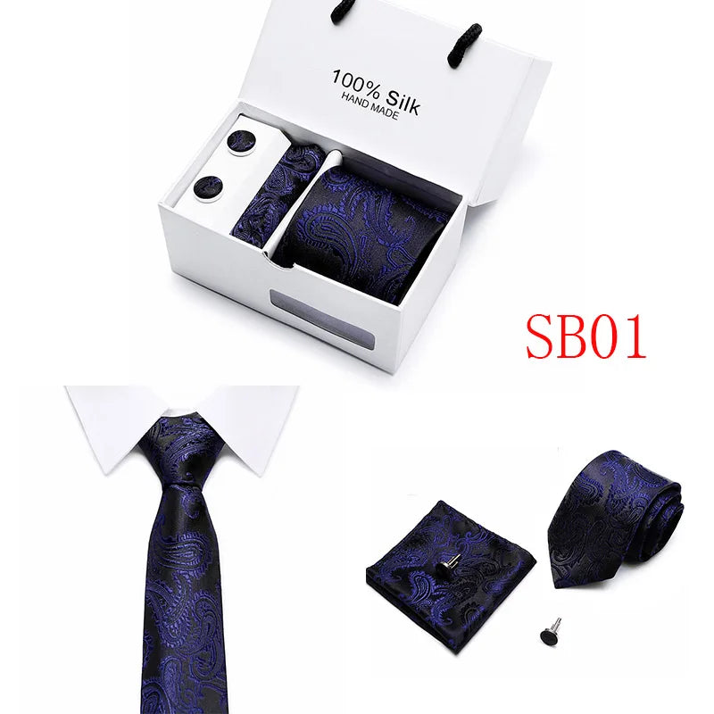 2023 100% Silk Jacquard Necktie White Geometric Tie Hanky Cufflink Set Ties For Men Gravatas Business Wedding Party Wholesale