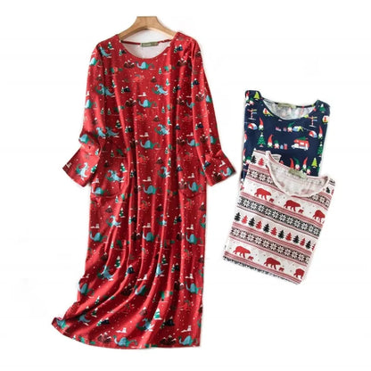 Spring Autumn Female Casual Loose Cartoon Night Dress Ladies 100% Cotton Nightgown Women Long Sleeve Sleepshirts Home Dress