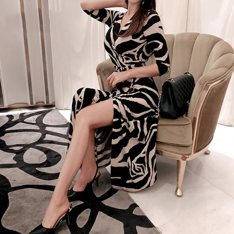 FANIECES Summer Wrap Dresses Women Sexy V Neck Split Maxi Dress Print Female Casual Beachwear Lace Up Party Vestidos Robe платье