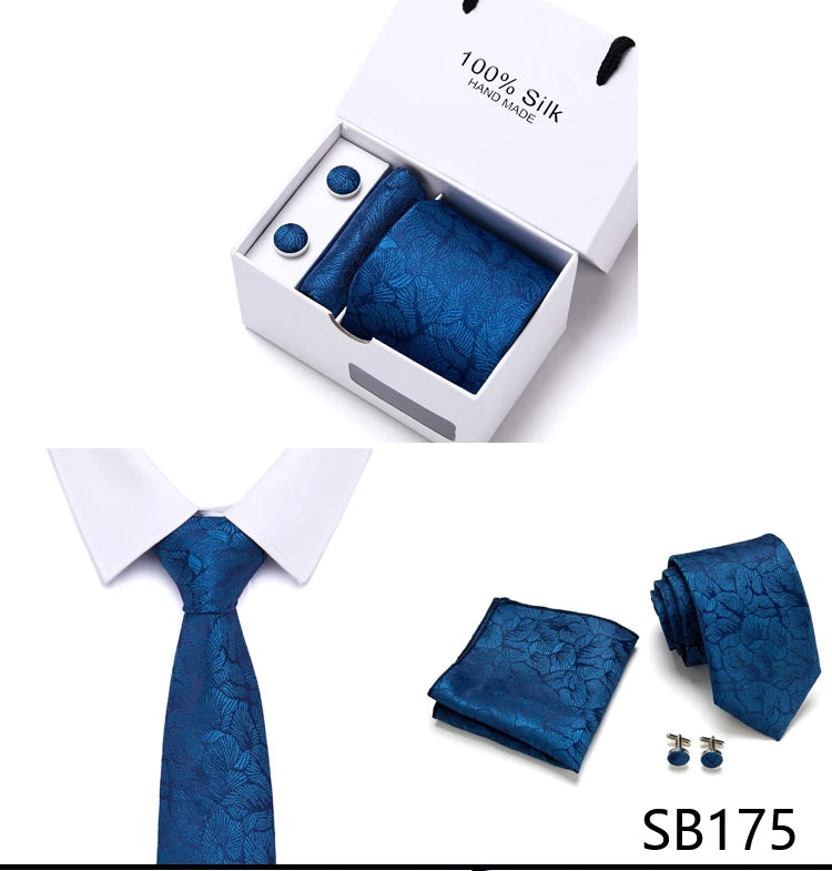 Brand 100% Silk Ties Gift box Office  Men Classic Party Wedding striped 7.5cm Silk Wedding  Floral Tie Necktie Handkerchief Set