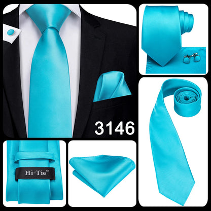 Hi-Tie Light Blue Solid Silk Wedding Nicktie For Men Hanky Cufflink Gift Men Tie Set Business Party Dropshipping Novelty Design