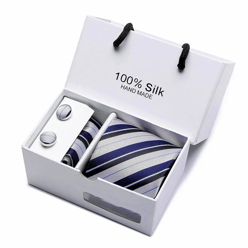 2023 100% Silk Jacquard Necktie White Geometric Tie Hanky Cufflink Set Ties For Men Gravatas Business Wedding Party Wholesale