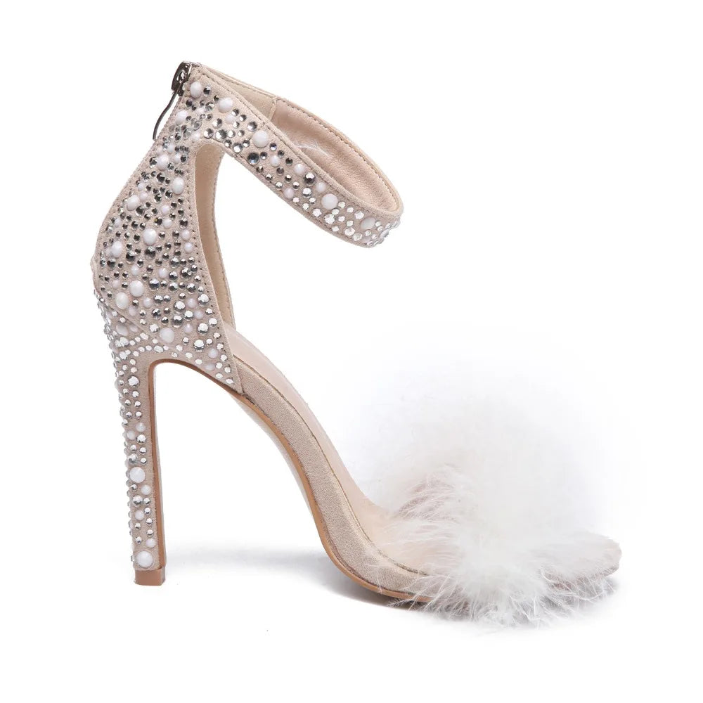 New Sweet Summer Sandals Women Shoes High Heels Sexy Fluffy Feather Fringe Crystal Sandals Party Dancing Wedding Shoes