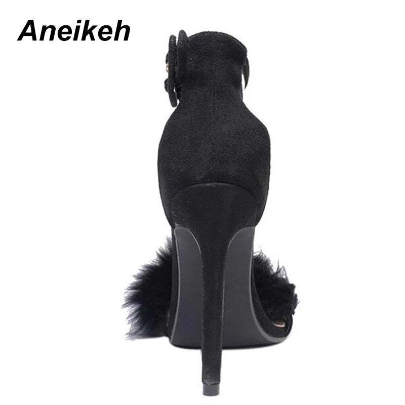 Aneikeh Women Sandals High Heels Footwear Fur Ankle Strap Gladiator Sandals Female Wedding Sexy Shoes Stiletto D-88-5#