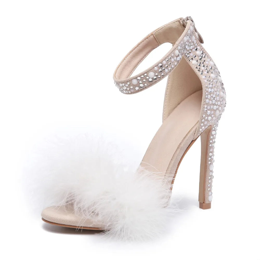 New Sweet Summer Sandals Women Shoes High Heels Sexy Fluffy Feather Fringe Crystal Sandals Party Dancing Wedding Shoes