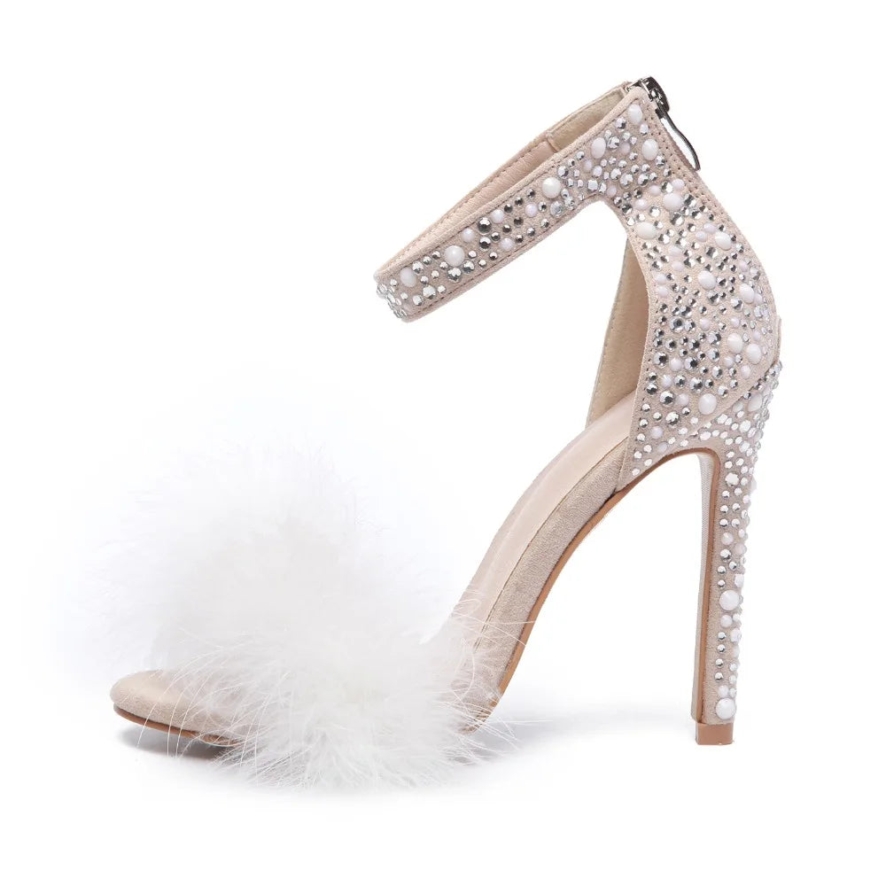 New Sweet Summer Sandals Women Shoes High Heels Sexy Fluffy Feather Fringe Crystal Sandals Party Dancing Wedding Shoes