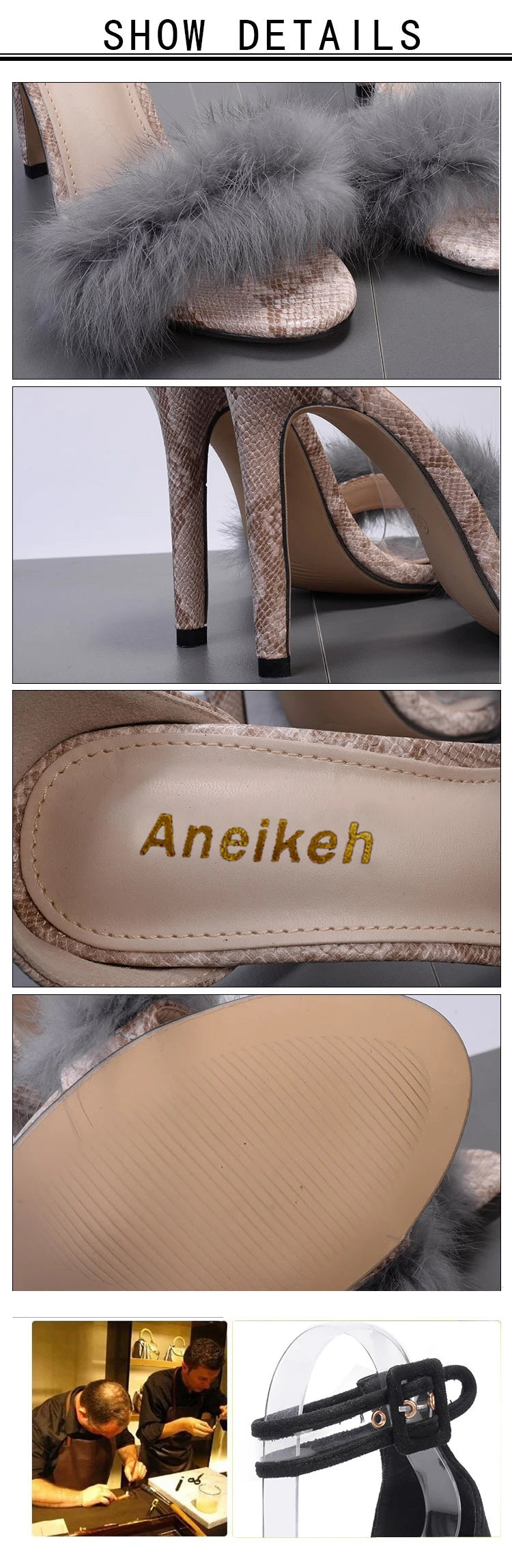 Aneikeh Women Sandals High Heels Footwear Fur Ankle Strap Gladiator Sandals Female Wedding Sexy Shoes Stiletto D-88-5#