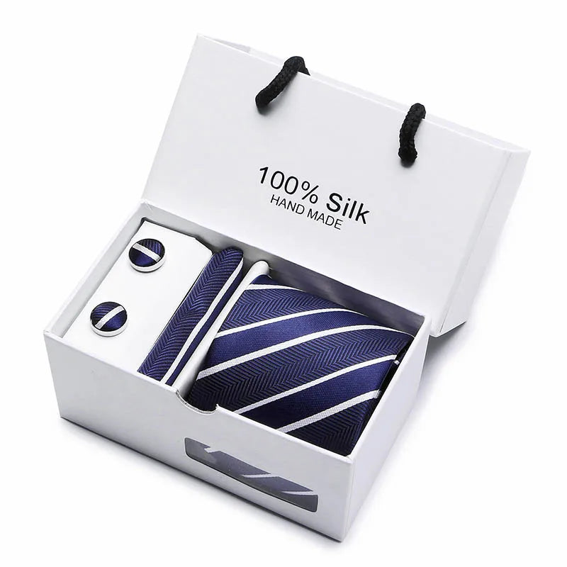 2023 100% Silk Jacquard Necktie White Geometric Tie Hanky Cufflink Set Ties For Men Gravatas Business Wedding Party Wholesale