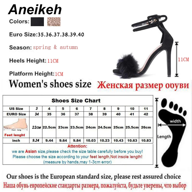 Aneikeh Women Sandals High Heels Footwear Fur Ankle Strap Gladiator Sandals Female Wedding Sexy Shoes Stiletto D-88-5#