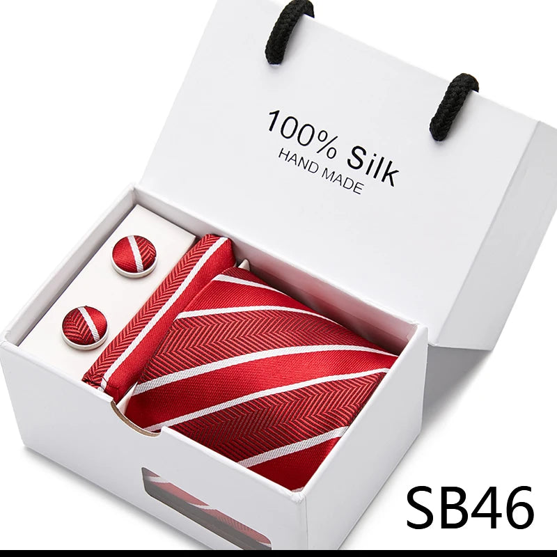 Brand 100% Silk Ties Gift box Office  Men Classic Party Wedding striped 7.5cm Silk Wedding  Floral Tie Necktie Handkerchief Set