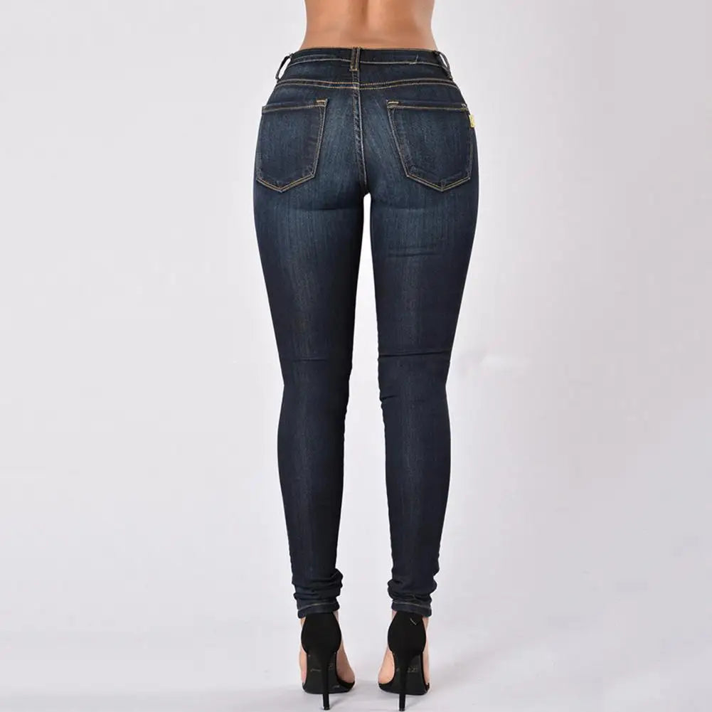 Vintage Women Jeans Slim Fit High Waist Denim Pencil Pants Bootcut Winter Pull-on Skinny Jeans Blue