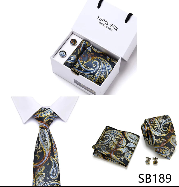 Brand 100% Silk Ties Gift box Office  Men Classic Party Wedding striped 7.5cm Silk Wedding  Floral Tie Necktie Handkerchief Set