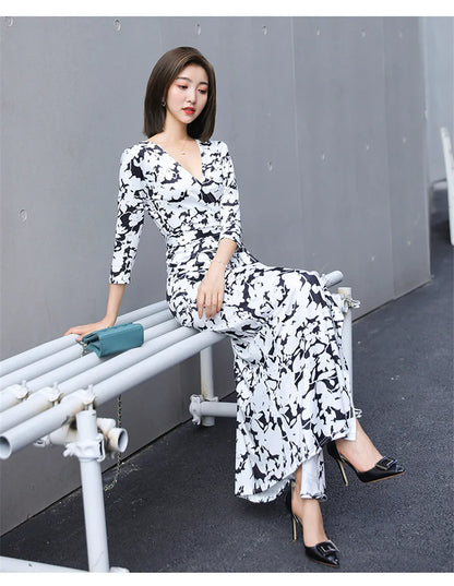 FANIECES Summer Wrap Dresses Women Sexy V Neck Split Maxi Dress Print Female Casual Beachwear Lace Up Party Vestidos Robe платье