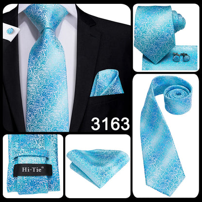 Hi-Tie Light Blue Solid Silk Wedding Nicktie For Men Hanky Cufflink Gift Men Tie Set Business Party Dropshipping Novelty Design