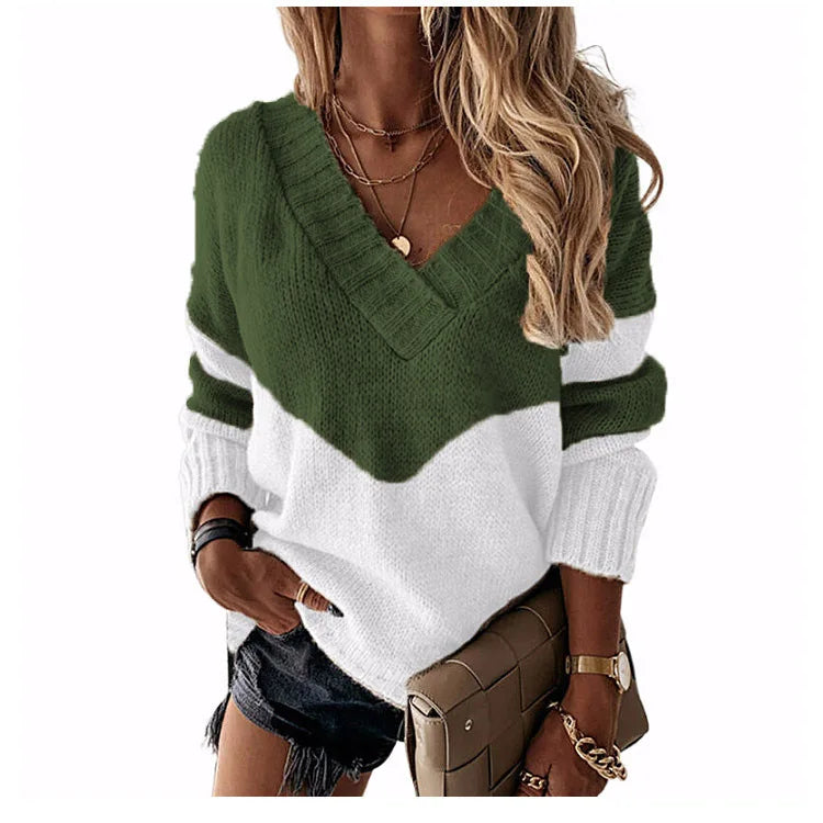 Pullovers Women Sweaters New long-sleeved 2021 Autumn Winters V Collar Loose Color Matching Sweaters Women Fashion OLN6057