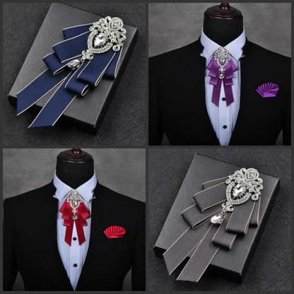 Fashion Handmade Bow Tie Wedding Collar Luxury Rhinestone Bowtie Necktie Brooch Pocket Towel Square Set Gift for Men Accessories
