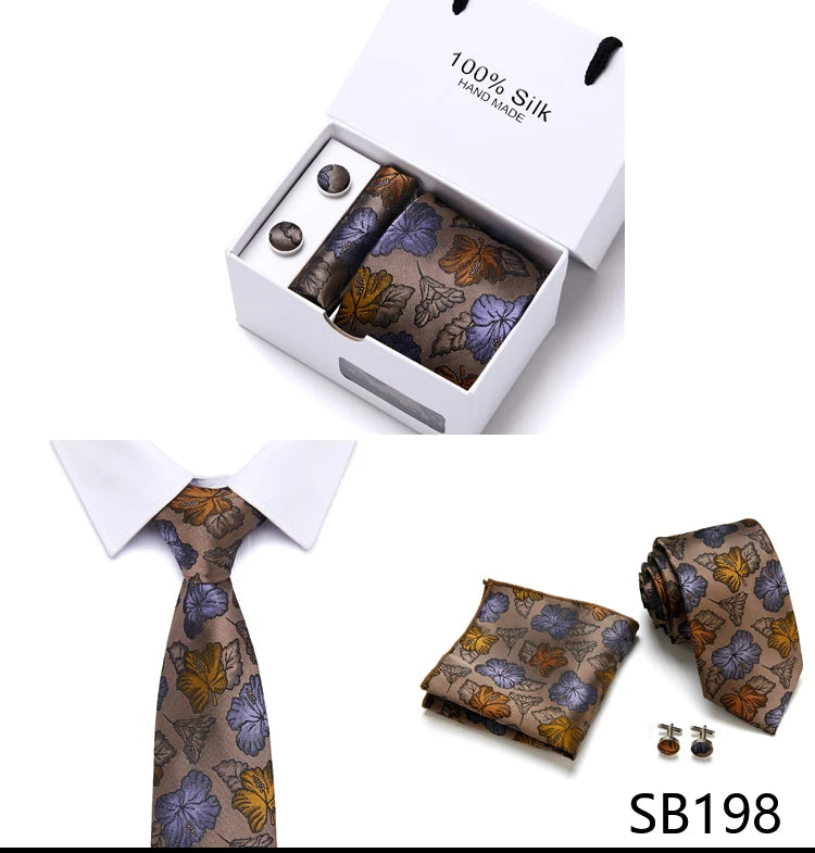 Brand 100% Silk Ties Gift box Office  Men Classic Party Wedding striped 7.5cm Silk Wedding  Floral Tie Necktie Handkerchief Set