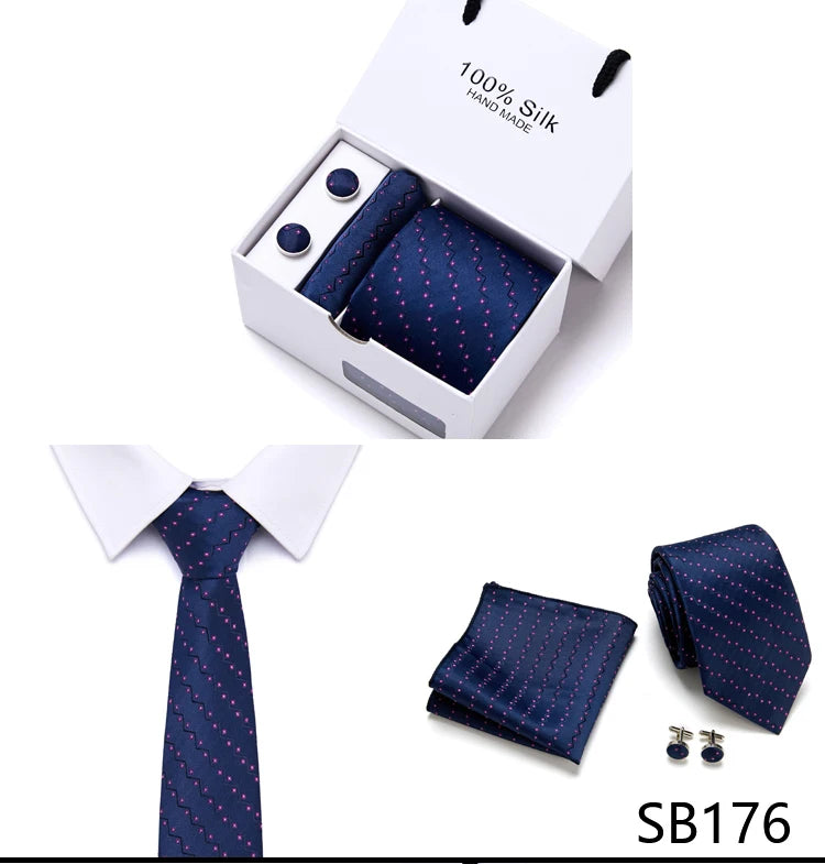 Brand 100% Silk Ties Gift box Office  Men Classic Party Wedding striped 7.5cm Silk Wedding  Floral Tie Necktie Handkerchief Set