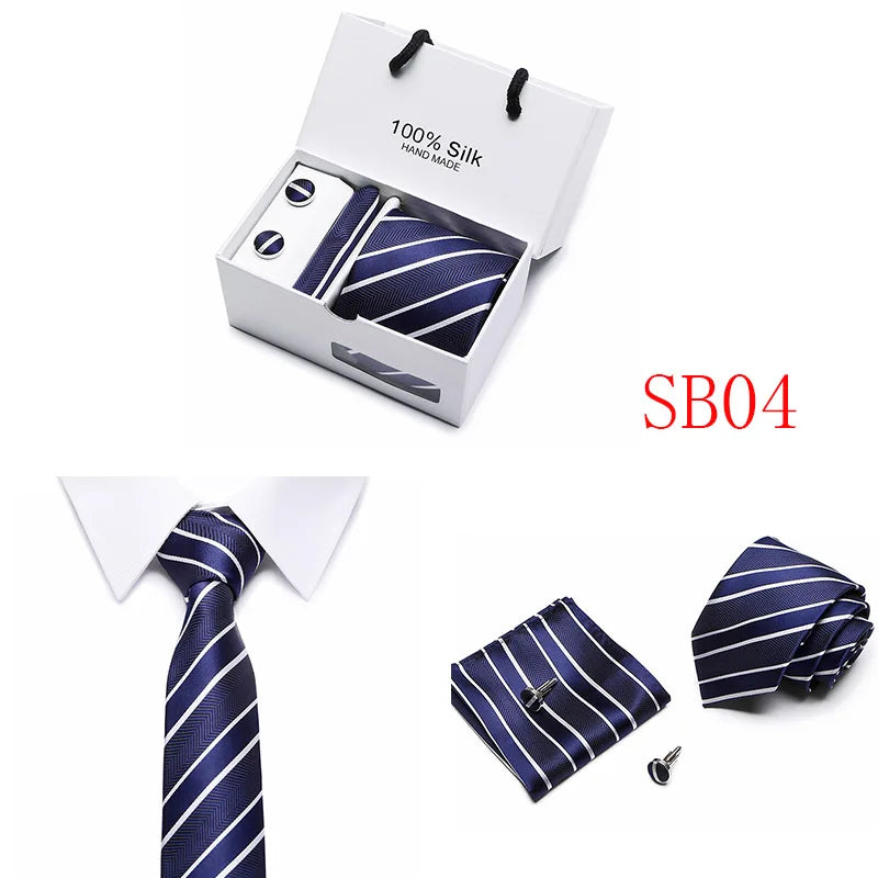 2023 100% Silk Jacquard Necktie White Geometric Tie Hanky Cufflink Set Ties For Men Gravatas Business Wedding Party Wholesale