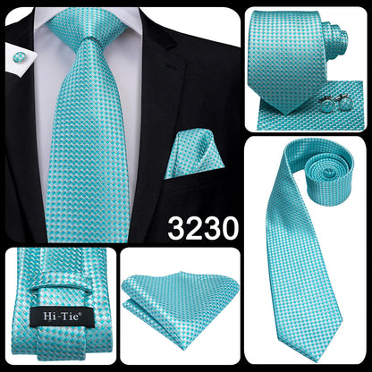 Hi-Tie Light Blue Solid Silk Wedding Nicktie For Men Hanky Cufflink Gift Men Tie Set Business Party Dropshipping Novelty Design