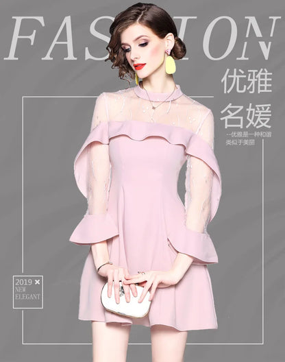 Spring and summer 2023 new women's mesh splicing Ruffle Dress celebrity perspective sheath dresses butterfly sleeve cloth