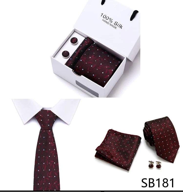 Brand 100% Silk Ties Gift box Office  Men Classic Party Wedding striped 7.5cm Silk Wedding  Floral Tie Necktie Handkerchief Set