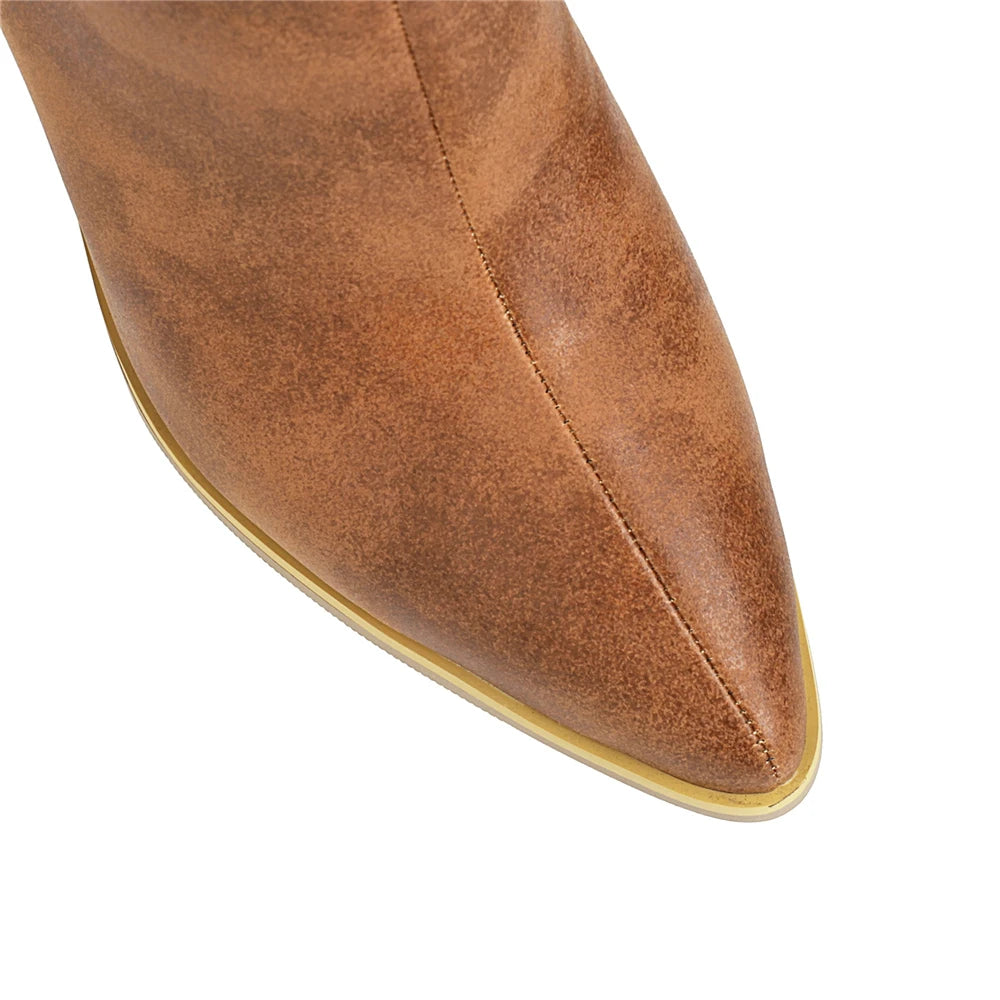 2024 Autumn Women Boots Pu Leather Wedge High Heel Ankle Boots Winter Cowboy Boots Fashion Western Boots Woman Denim Shoes Brown