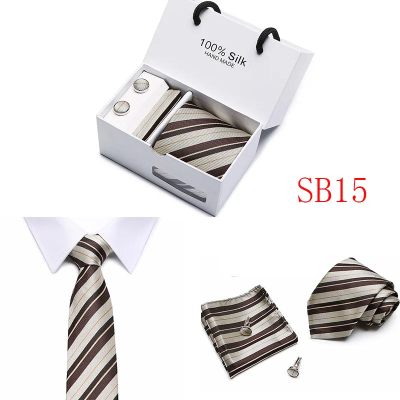 2023 100% Silk Jacquard Necktie White Geometric Tie Hanky Cufflink Set Ties For Men Gravatas Business Wedding Party Wholesale