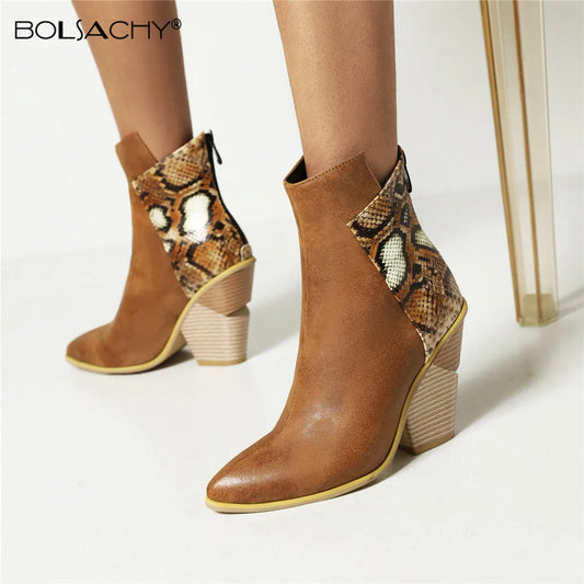 2024 Autumn Women Boots Pu Leather Wedge High Heel Ankle Boots Winter Cowboy Boots Fashion Western Boots Woman Denim Shoes Brown