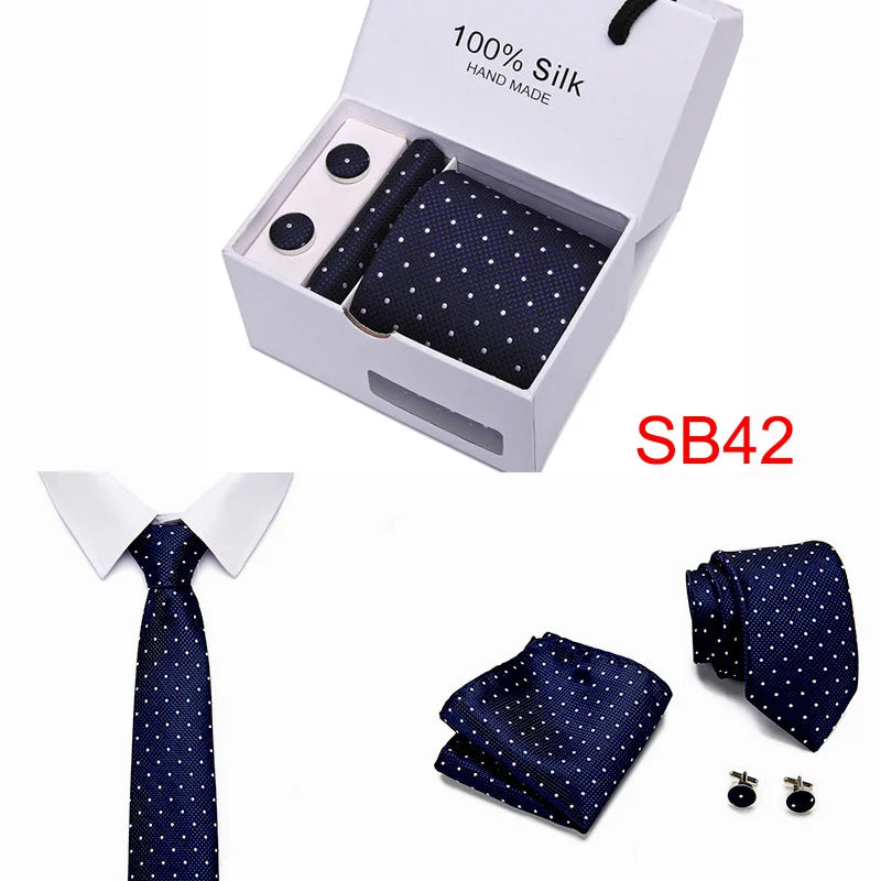 2023 100% Silk Jacquard Necktie White Geometric Tie Hanky Cufflink Set Ties For Men Gravatas Business Wedding Party Wholesale