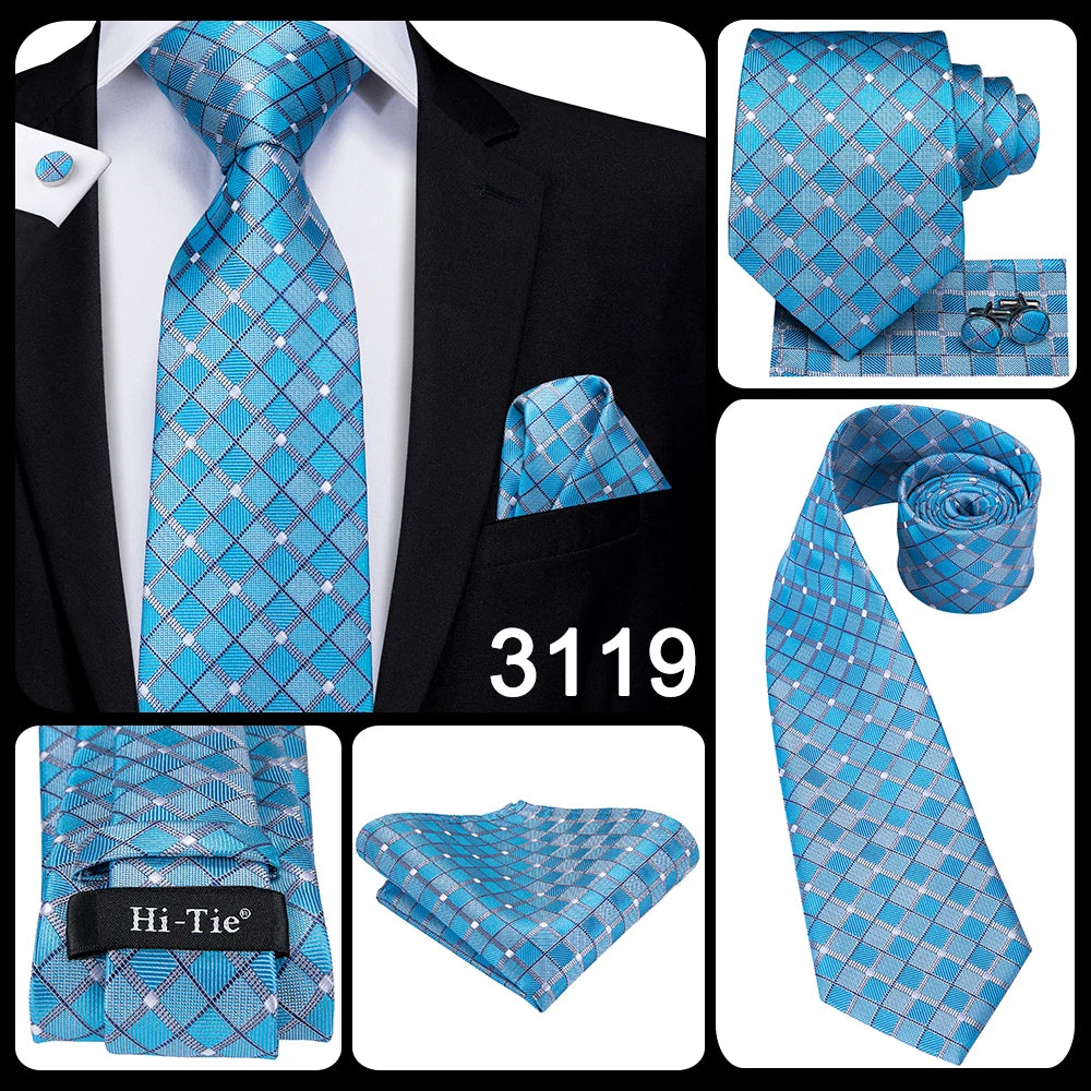 Hi-Tie Light Blue Solid Silk Wedding Nicktie For Men Hanky Cufflink Gift Men Tie Set Business Party Dropshipping Novelty Design