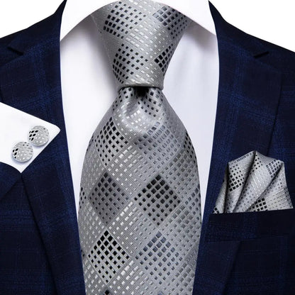 Hi-Tie Designer Silk Wedding Tie For Men Blue White Plaid Handky Cufflink Set Fashion Necktie For Men Business Party Wholesale