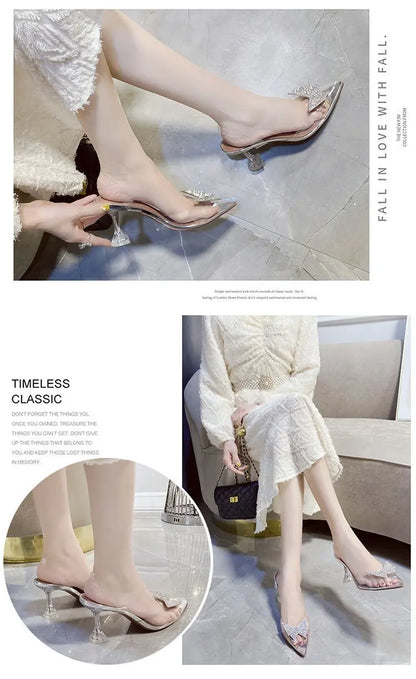 PVC Rhinestone Butterfly Women Sandals High Heels 2021 New Pointy Party Bride Shoes Clear Deisgner Pumps Zapatilla Mujer