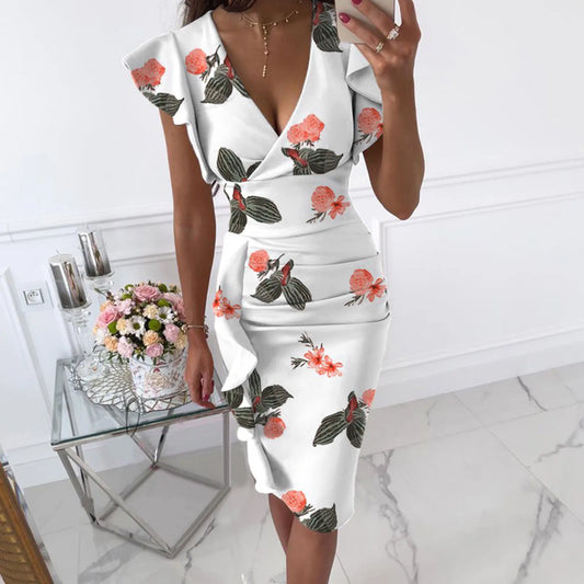 New Floral Print Plus Size Midi Dress | V-Neck, Ruffle Sleeves, Vintage Slim Fit | Elegant Bodycon Party Vestidos