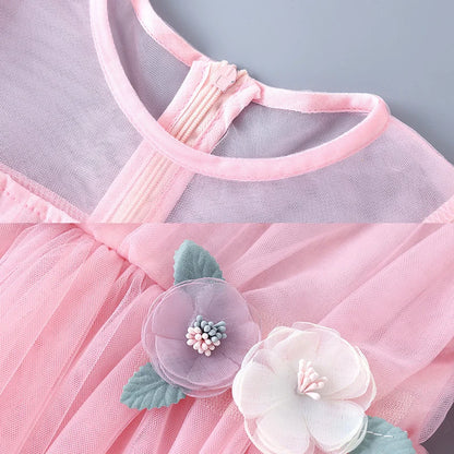 Humor Bear Girls Dress Spring Autumn Long Sleeve Cartoon  Printed Princess  Sweet  Mesh Yarn Children Clothes