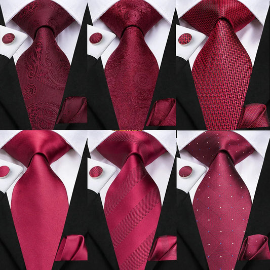 Hi-Tie Mens Gift Tie Set Red Wine Burgundy Paisley Silk Wedding Tie For Men Fashion Design Quality Hanky Cufflink Dropshipping