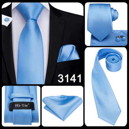 Hi-Tie Light Blue Solid Silk Wedding Nicktie For Men Hanky Cufflink Gift Men Tie Set Business Party Dropshipping Novelty Design