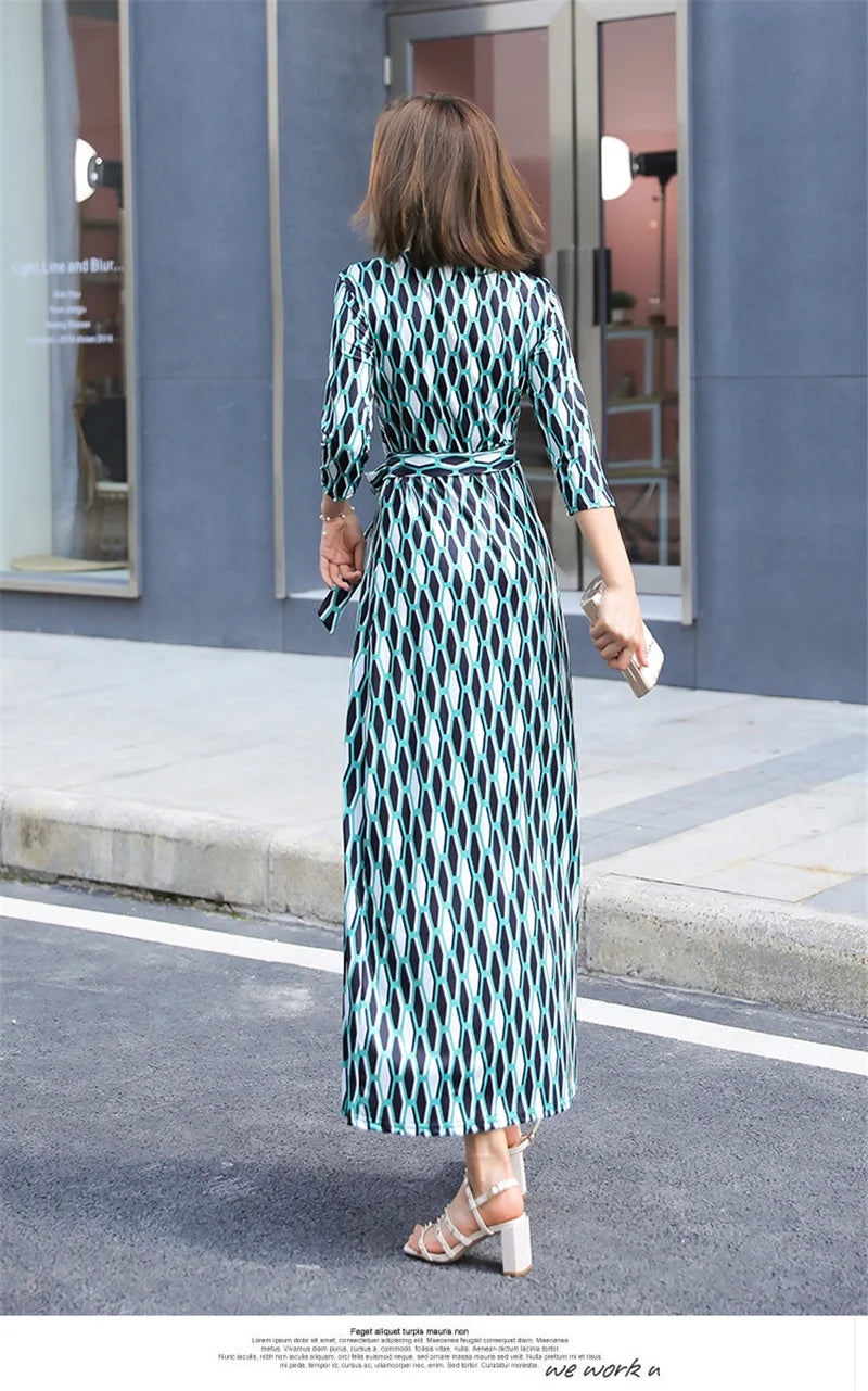 FANIECES Summer Wrap Dresses Women Sexy V Neck Split Maxi Dress Print Female Casual Beachwear Lace Up Party Vestidos Robe платье