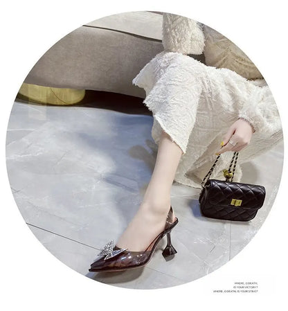 PVC Rhinestone Butterfly Women Sandals High Heels 2021 New Pointy Party Bride Shoes Clear Deisgner Pumps Zapatilla Mujer