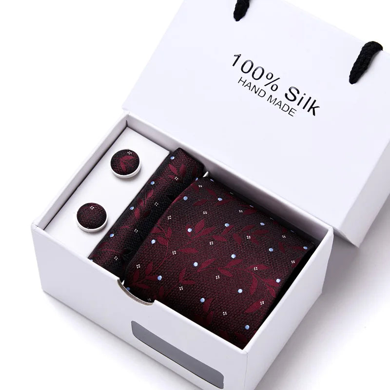 Brand 100% Silk Ties Gift box Office  Men Classic Party Wedding striped 7.5cm Silk Wedding  Floral Tie Necktie Handkerchief Set